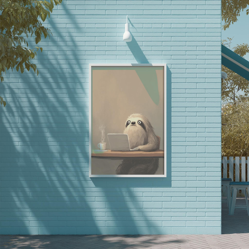 A framed painting of a sloth sitting at a table with a laptop, set against a blue brick wall.