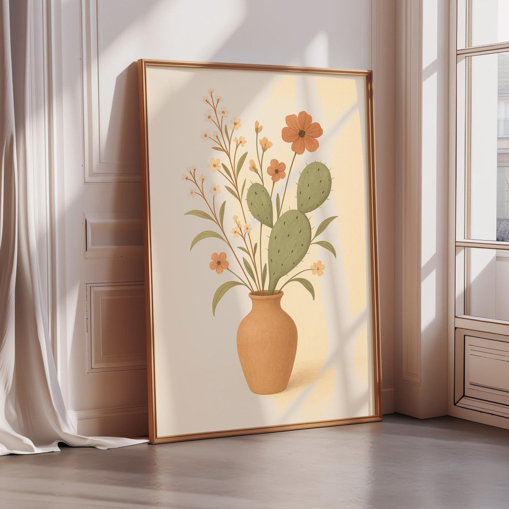 A framed illustration of a cactus plant with flowers is displayed on a wall in a room with a window.