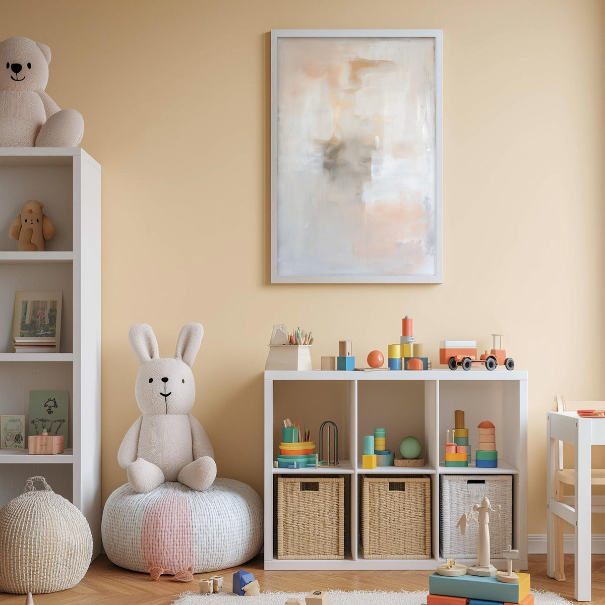 A cozy and colorful children's bedroom with a white bookshelf, a plush rabbit, and a toy train set. The walls are painted a light peach color, and there is a framed abstract painting hanging on the wall.