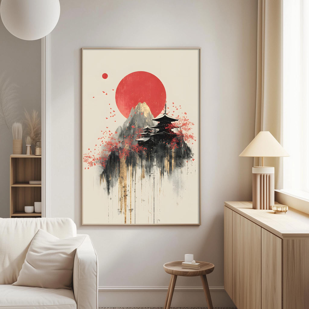 a living room with a large framed artwork depicting a Japanese temple and mountain landscape with a red sun in the background.