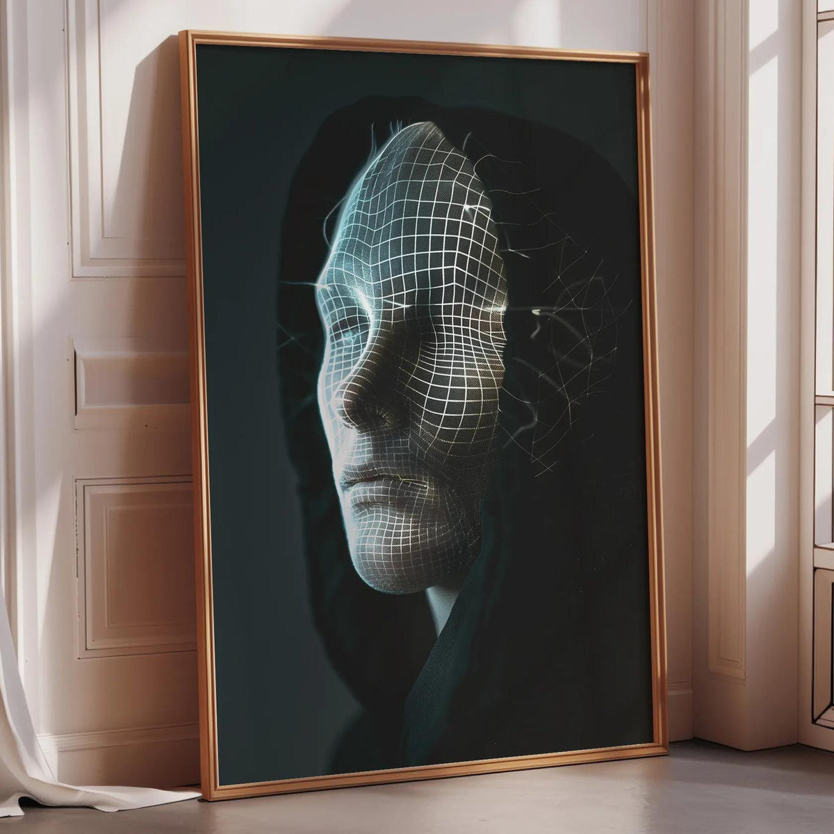 a large framed artwork depicting a close-up of a person's face with a wire mesh overlay, creating a unique and intriguing visual effect.