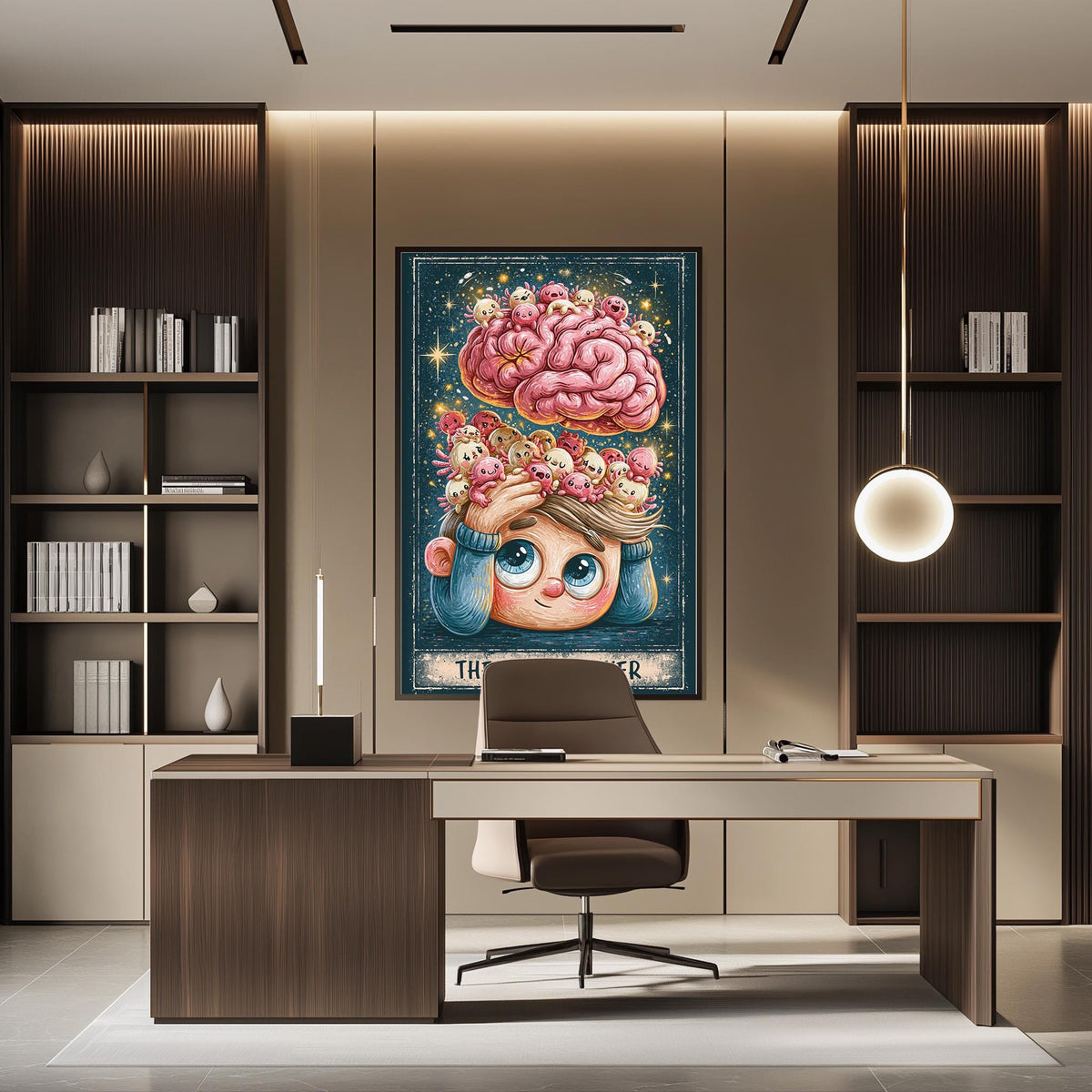 a modern office space with a large, colorful painting of a cartoon character with a brain on the wall. The office has a wooden desk, a chair, and a bookshelf filled with books. The overall design and decor create a creative and inspiring atmosphere.