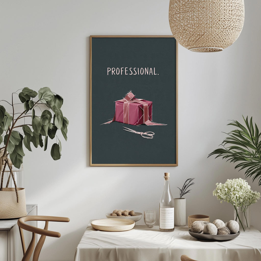 a framed illustration of a gift box with a pair of scissors on a dark background, accompanied by a potted plant and a table with various items on it.