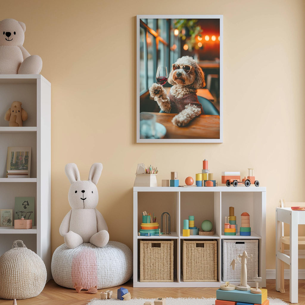 a cozy and well-organized child's room, featuring a white bookshelf, a stuffed rabbit, a toy train, and a framed photo of a dog holding a glass of wine.