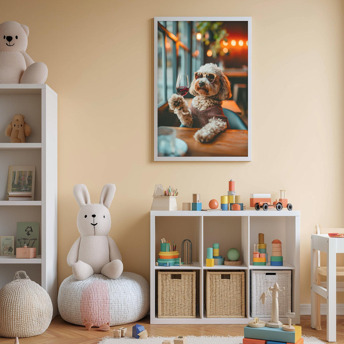 a cozy and well-organized child's room, featuring a white bookshelf, a stuffed rabbit, a toy train, and a framed photo of a dog holding a glass of wine.