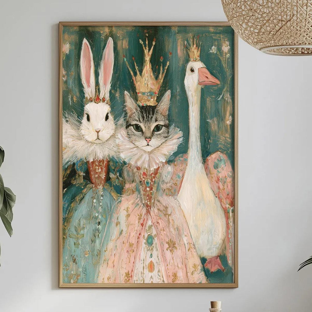 a dining table with a white tablecloth, a vase of white flowers, a bottle, and a bowl of food. Above the table, there is a framed painting depicting a rabbit, a cat, and a duck wearing ornate costumes, including a crown.