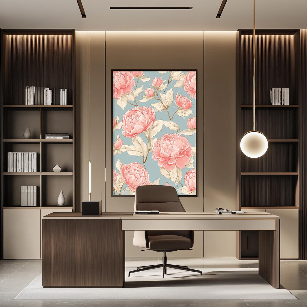 a modern and well-lit office space with a large floral artwork hanging on the wall behind a desk.