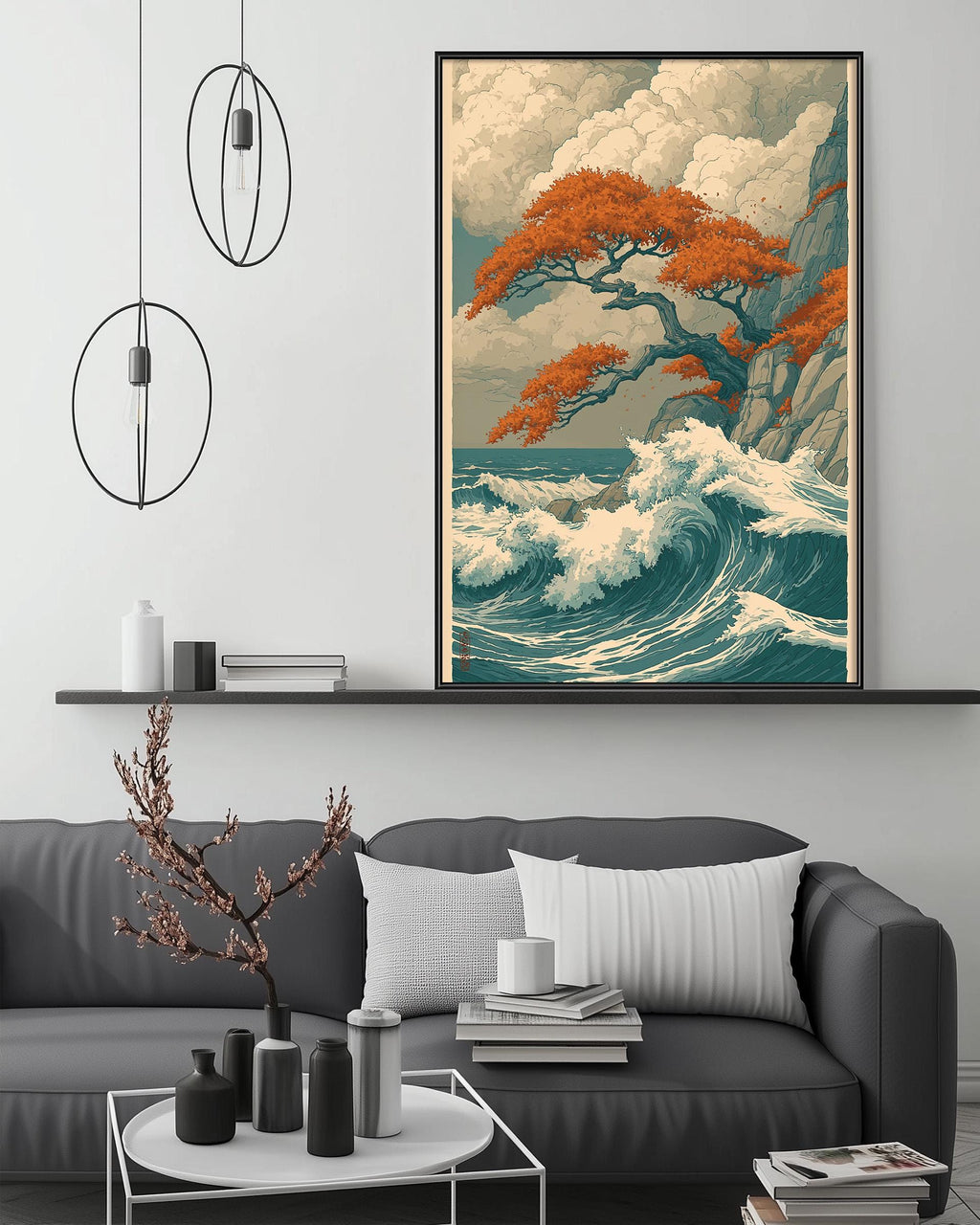a large, colorful painting of a tree with orange leaves, set against a backdrop of a stormy ocean and cloudy sky, hanging on a wall above a gray couch with a coffee table in front of it.