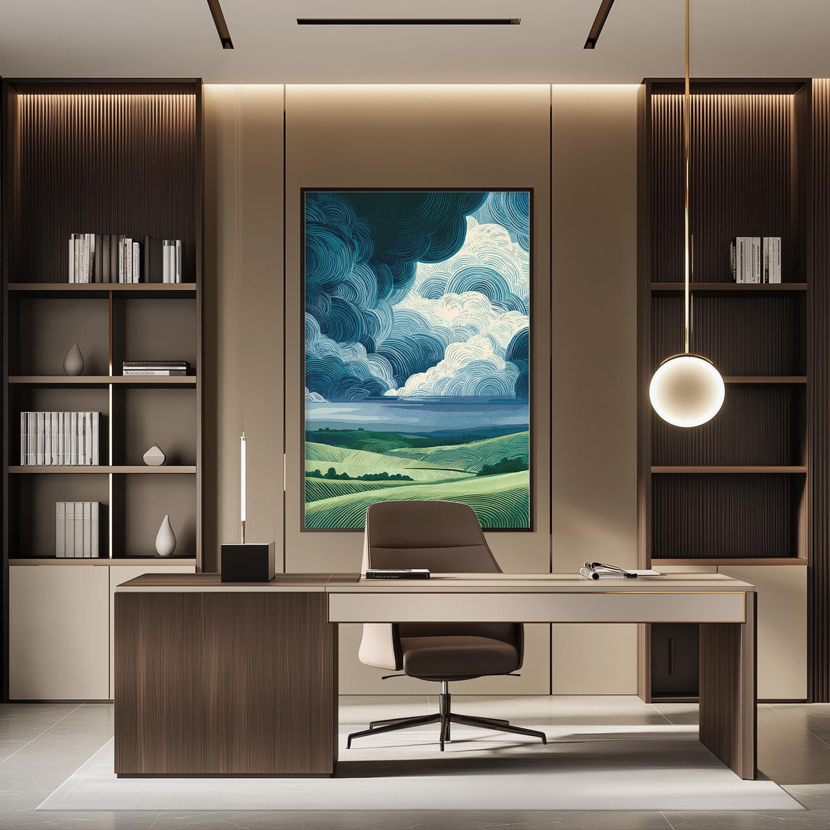 a modern and well-lit office space with a large landscape painting on the wall, a wooden desk with a chair, and built-in bookshelves.