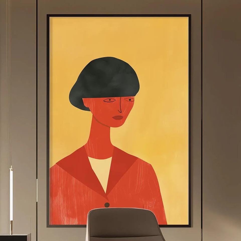a modern and stylish office space with a large abstract painting of a woman's face on the wall, a wooden desk with a chair, and built-in bookshelves.