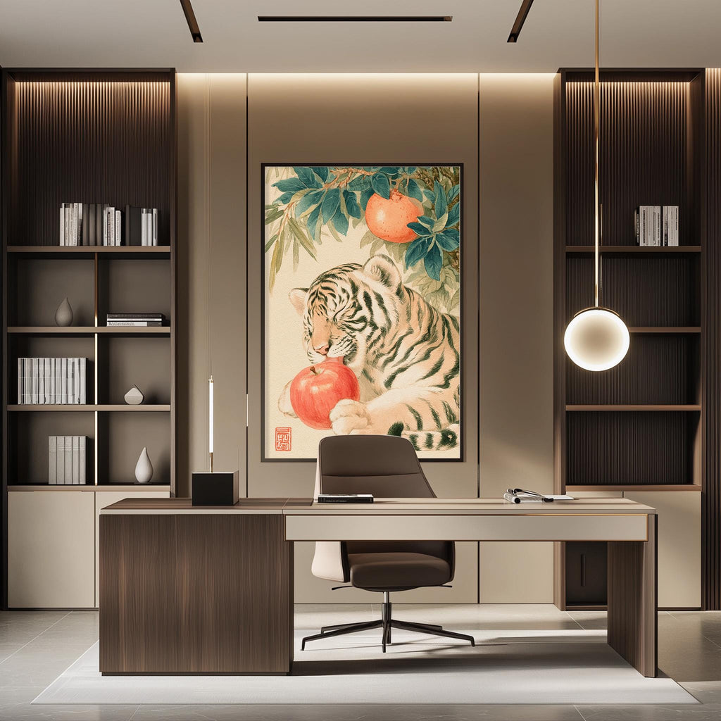 a modern and stylish office space with a large tiger painting on the wall, a wooden desk, and a comfortable-looking chair.