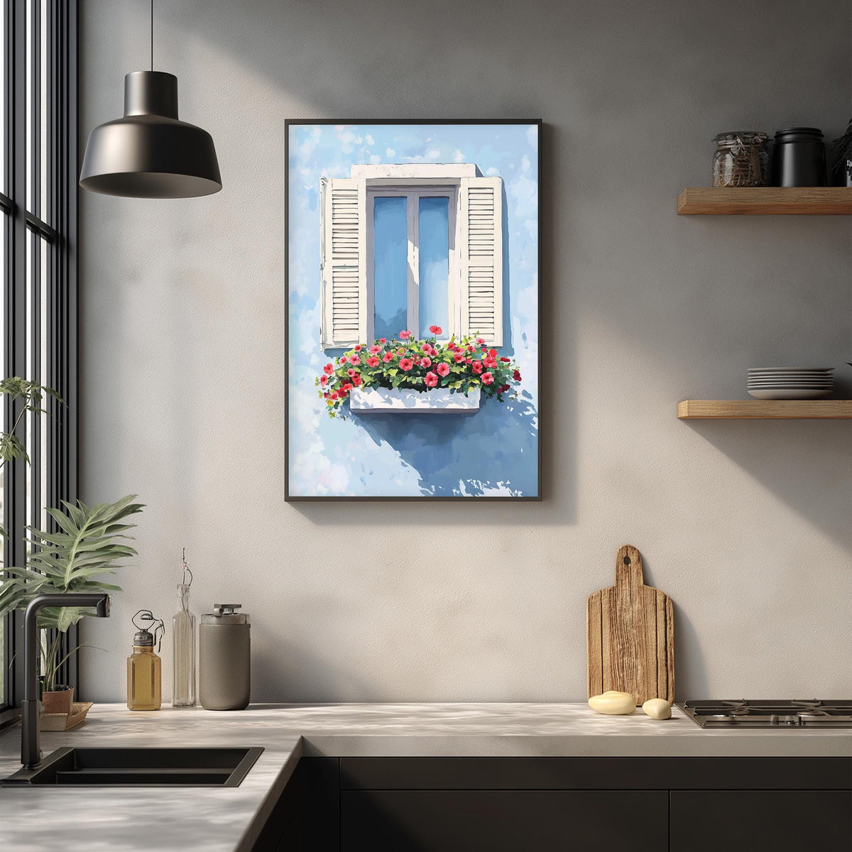 a kitchen counter with a framed painting of a window with a flower box above it, a wooden cutting board, and various kitchen items such as a bottle, a can, and a bowl.