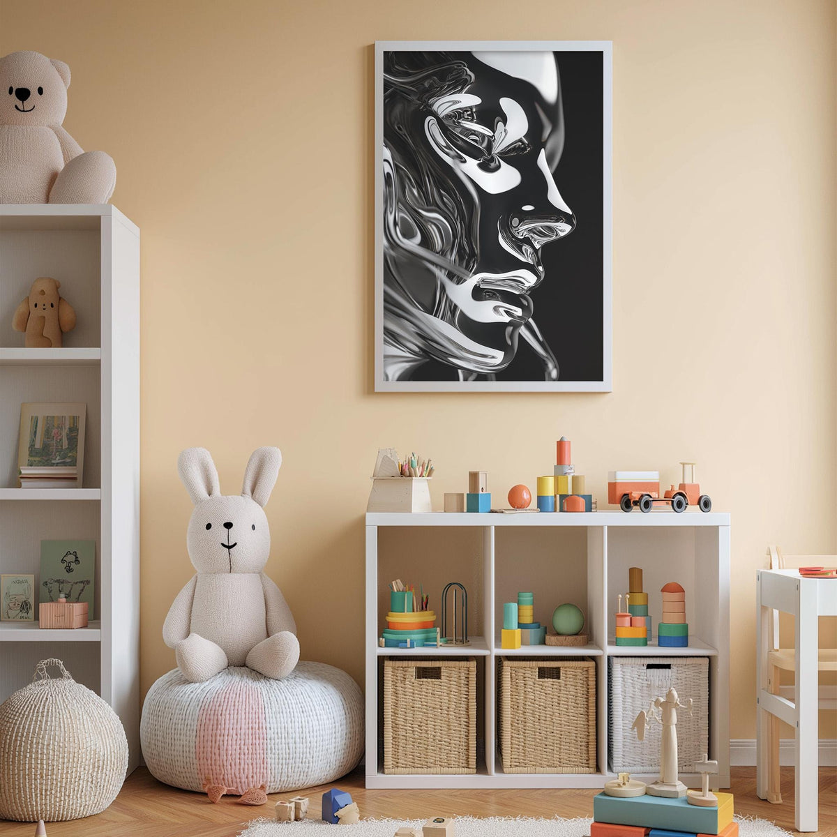 a child's bedroom with a large black and white portrait of a woman on the wall, a white bookshelf filled with toys, and a white bean bag chair.