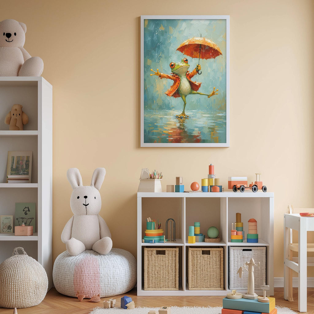 A cozy children's room with a white bookshelf, a plush white bunny, and a colorful toy box filled with toys. Above the bookshelf, there is a framed painting of a frog holding an umbrella and dancing in the rain.