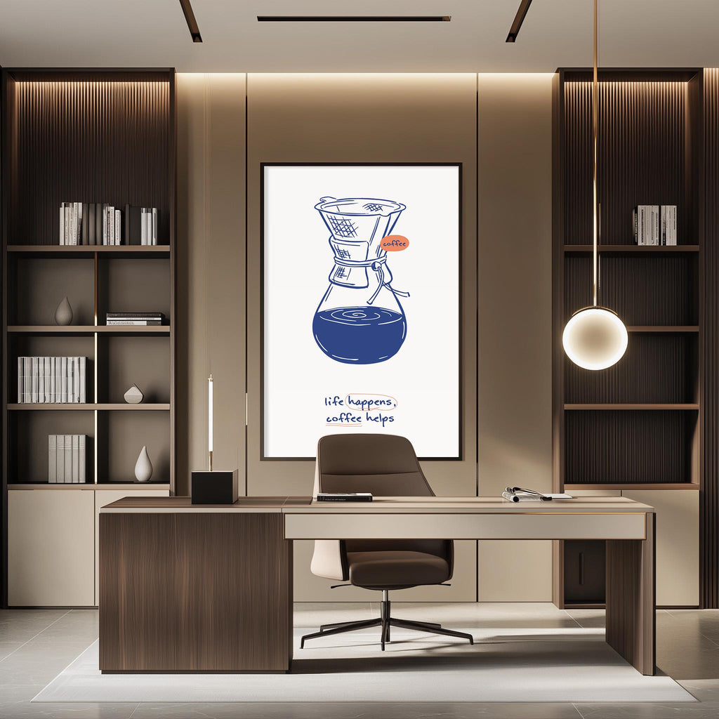 a modern office space with a desk, chair, and bookshelves. There is a poster on the wall depicting a coffee maker, and a quote about coffee helping people.