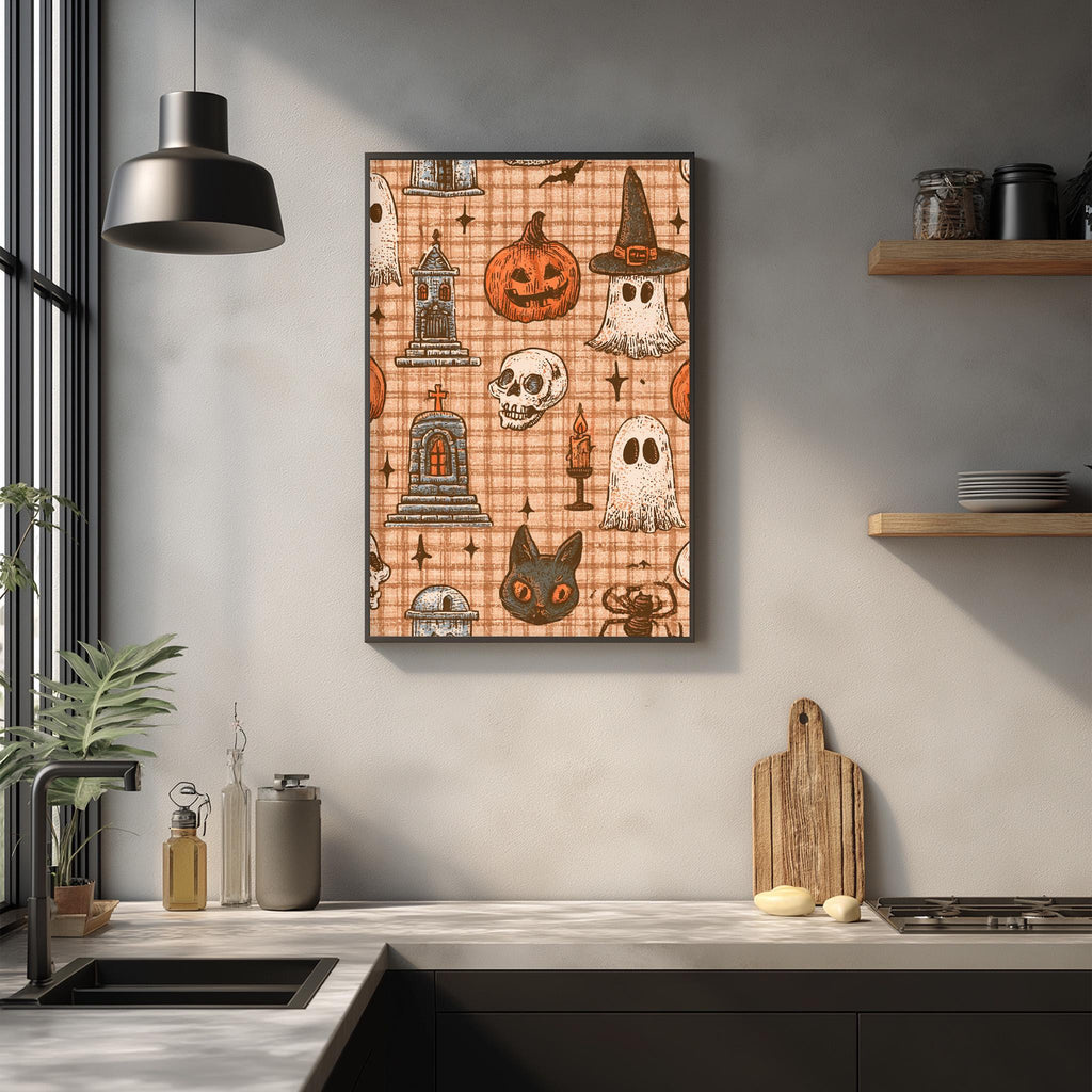 a kitchen counter with various Halloween-themed items, including a framed poster with illustrations of a skeleton, ghost, jack-o-lantern, and other spooky objects.