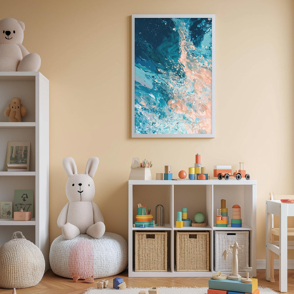 A cozy and colorful children's bedroom with a large painting of a blue and orange abstract design on the wall, a white bookshelf filled with toys, and a white bean bag chair.