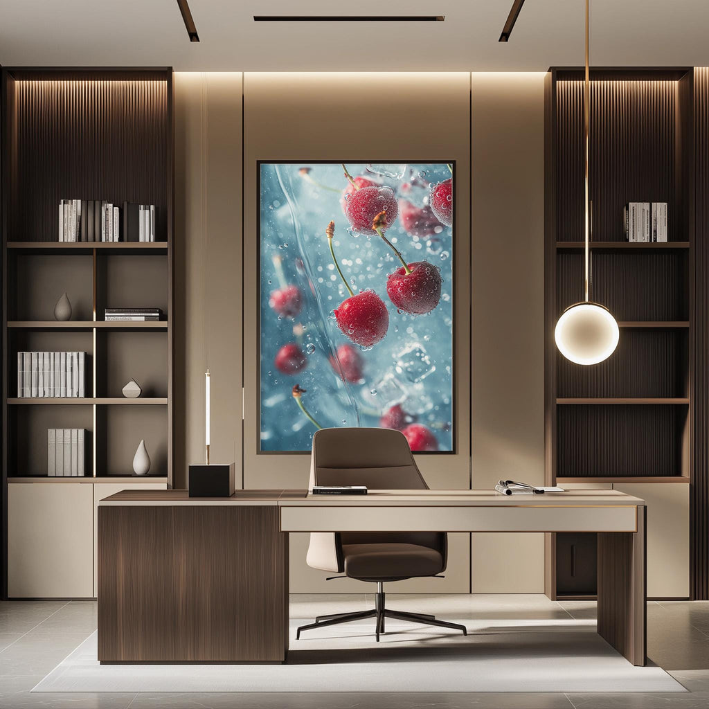 a modern office space with a large framed artwork of cherries hanging on the wall. The artwork features a close-up view of cherries floating in a blue background, creating a serene and calming atmosphere. The office has a wooden desk and chair, and a bookshelf filled with books and various decorative items. The overall design and color scheme of the space create a pleasant and inviting environment.