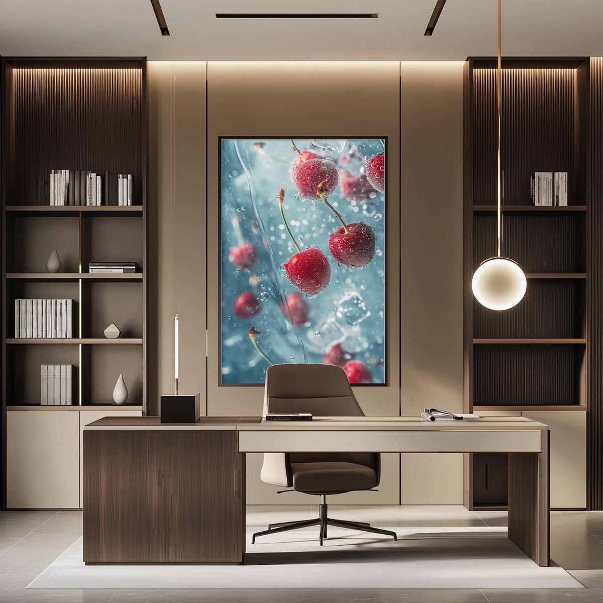 a modern office space with a large framed artwork of cherries hanging on the wall. The artwork features a close-up view of cherries floating in a blue background, creating a serene and calming atmosphere. The office has a wooden desk and chair, and a bookshelf filled with books and various decorative items. The overall design and color scheme of the space create a pleasant and inviting environment.