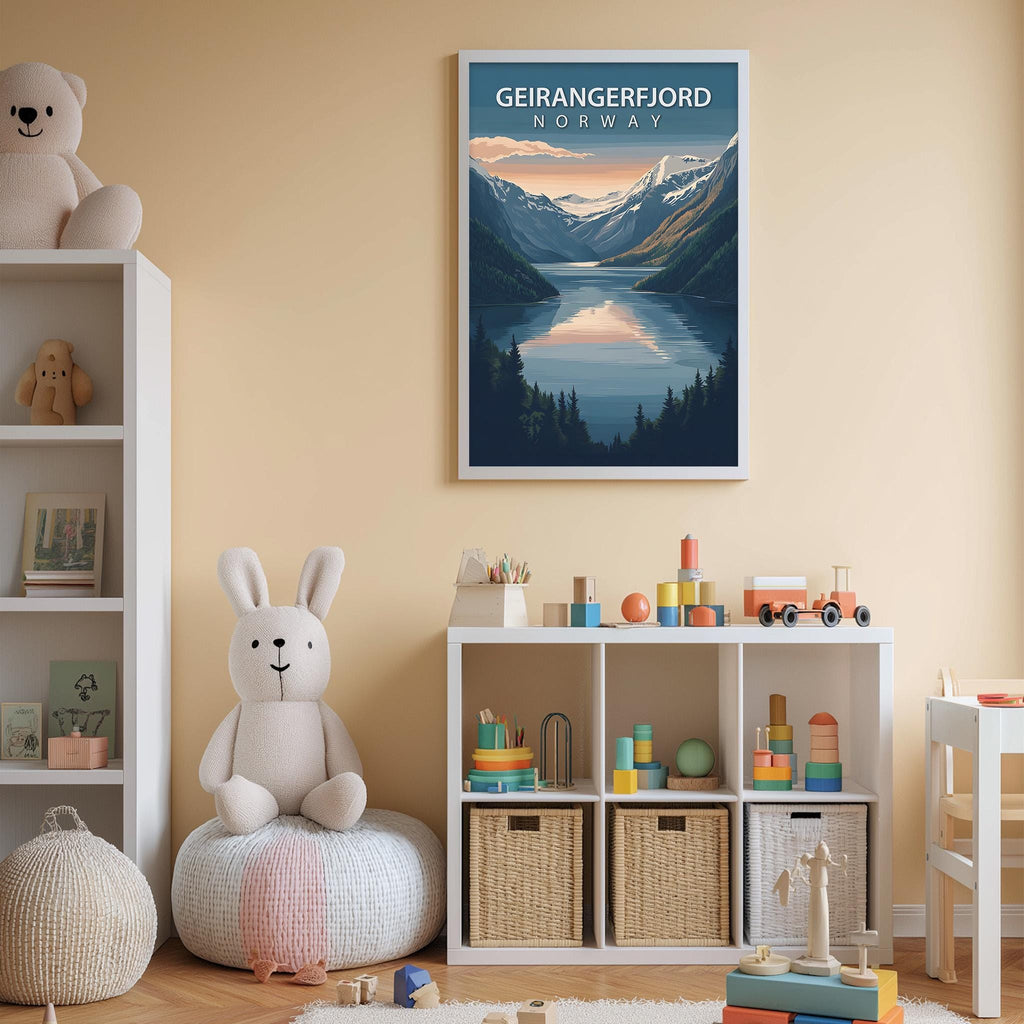 a child's bedroom with a large poster of the scenic Geirangerfjord, Norway, hanging on the wall. The poster depicts a mountain landscape with a lake, creating a serene and picturesque scene. The room is filled with various toys and storage containers, suggesting a well-organized and playful environment.