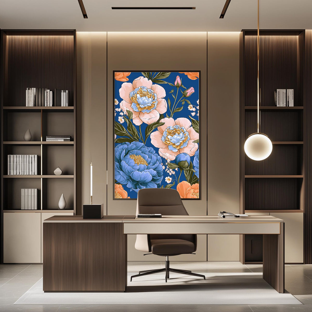 a modern and stylish office space with a large floral artwork hanging on the wall behind a desk. The desk is positioned in front of the artwork, creating a focal point in the room. The office also features built-in bookshelves and a pendant light, contributing to the overall contemporary design.