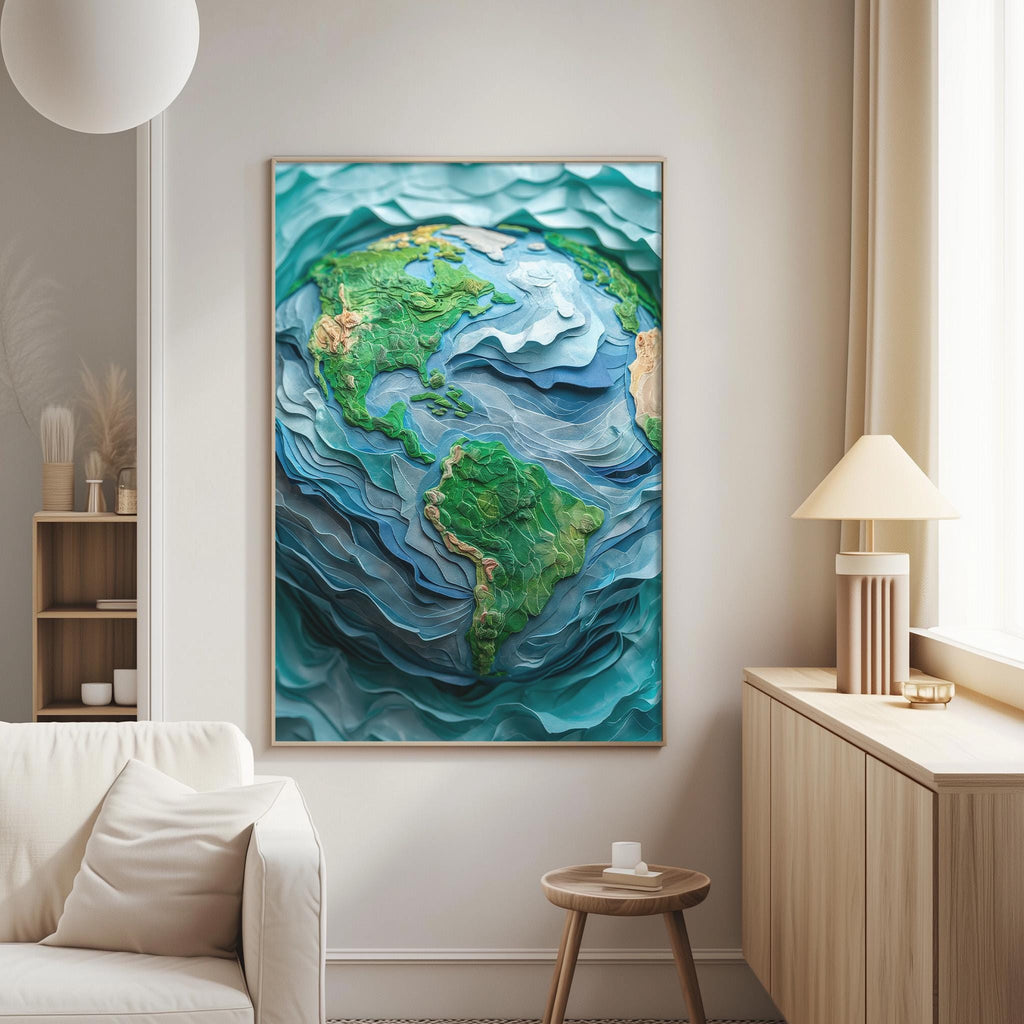 a large, colorful painting of the Earth hanging on a wall in a living room.