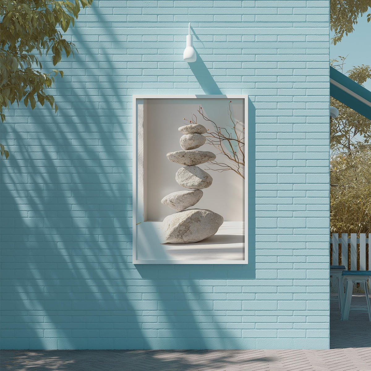 A framed image of a stack of rocks is displayed on a light blue brick wall, with a white light fixture hanging above it.