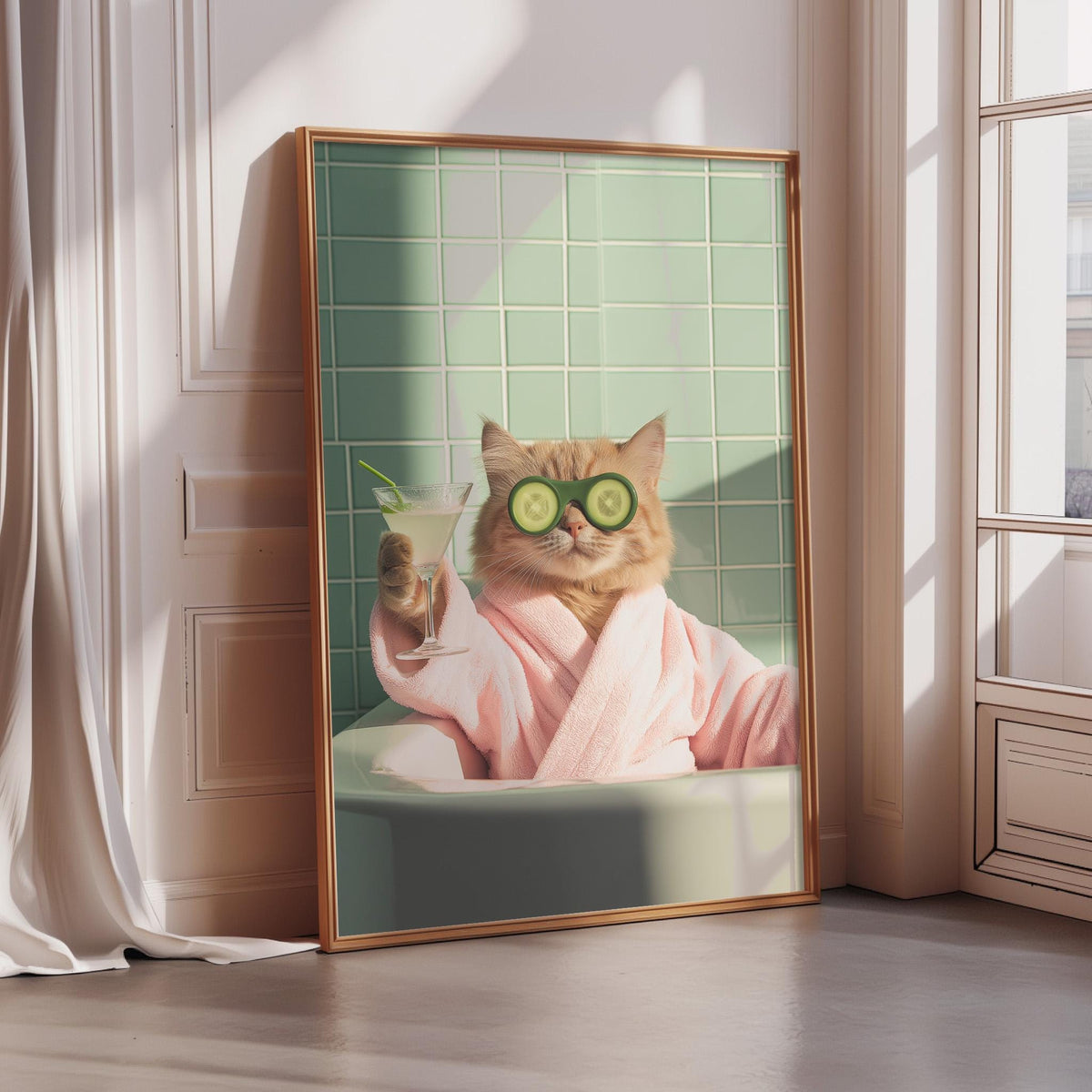 A cat wearing a pink bathrobe and green eye glasses is sitting in a bathtub, holding a drink in a glass.