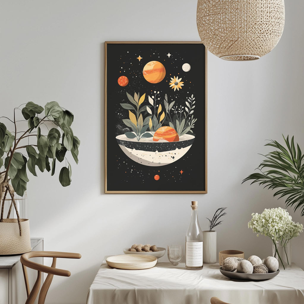 a dining table with a white tablecloth, a bowl of fruit, a bottle, and a vase with flowers. Above the table, there is a framed picture of a bowl with plants and a starry night sky.