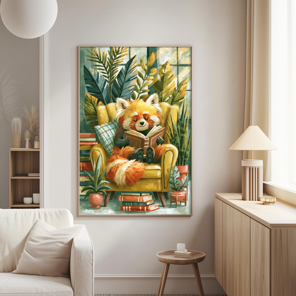 a cozy living room with a large painting of a red panda sitting in a yellow armchair, reading a book, surrounded by various plants and books.