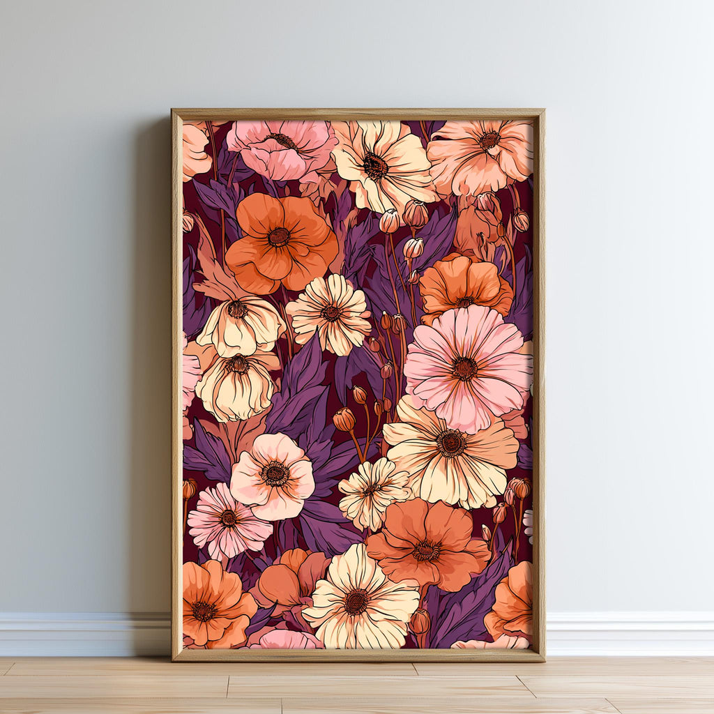 a large, framed print of a vibrant floral pattern with various shades of orange, pink, and purple flowers.