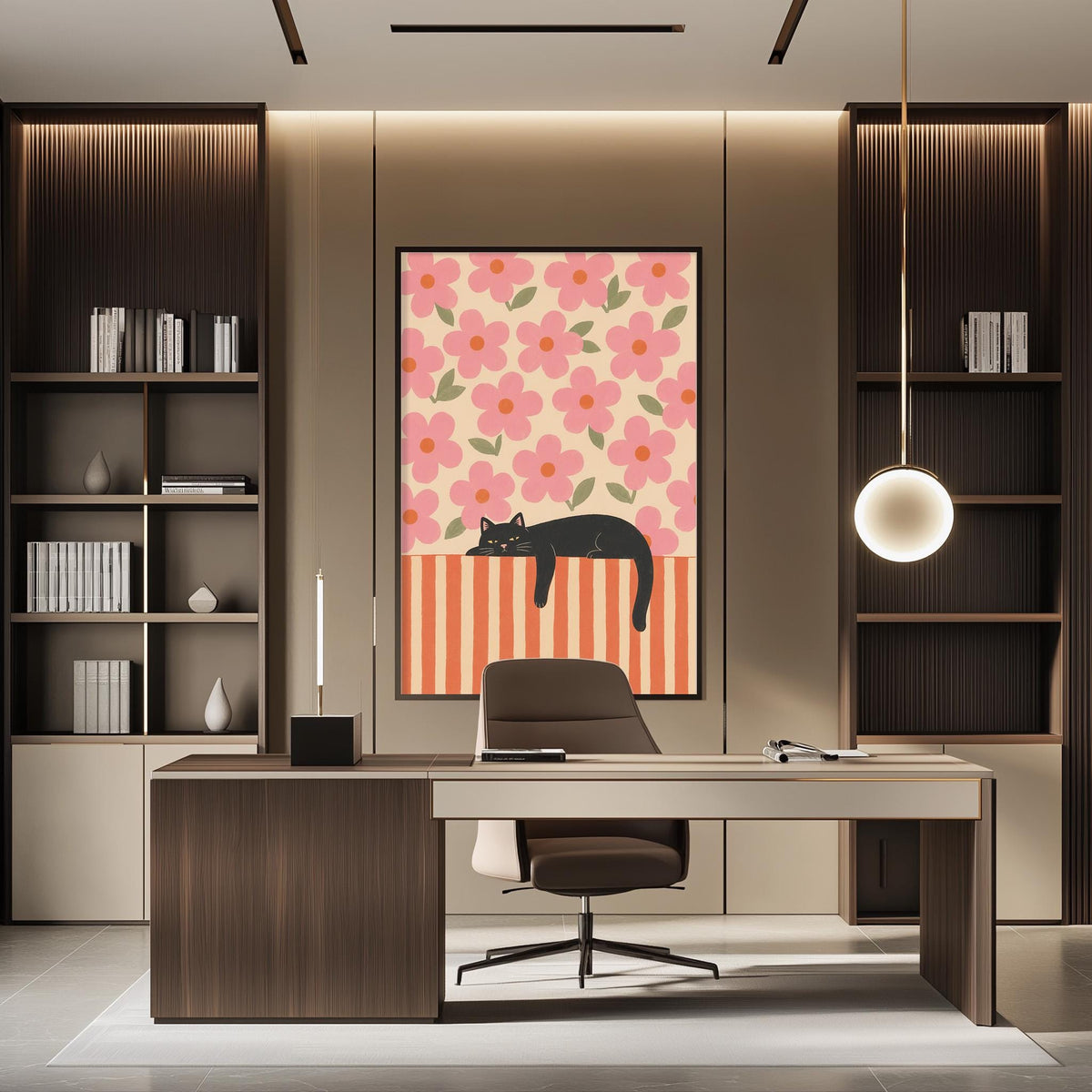 a modern and stylish home office with a large floral print on the wall behind the desk. The desk is positioned in front of the print, creating a focal point in the room. The office also features built-in bookshelves and a pendant light, contributing to the overall contemporary design.