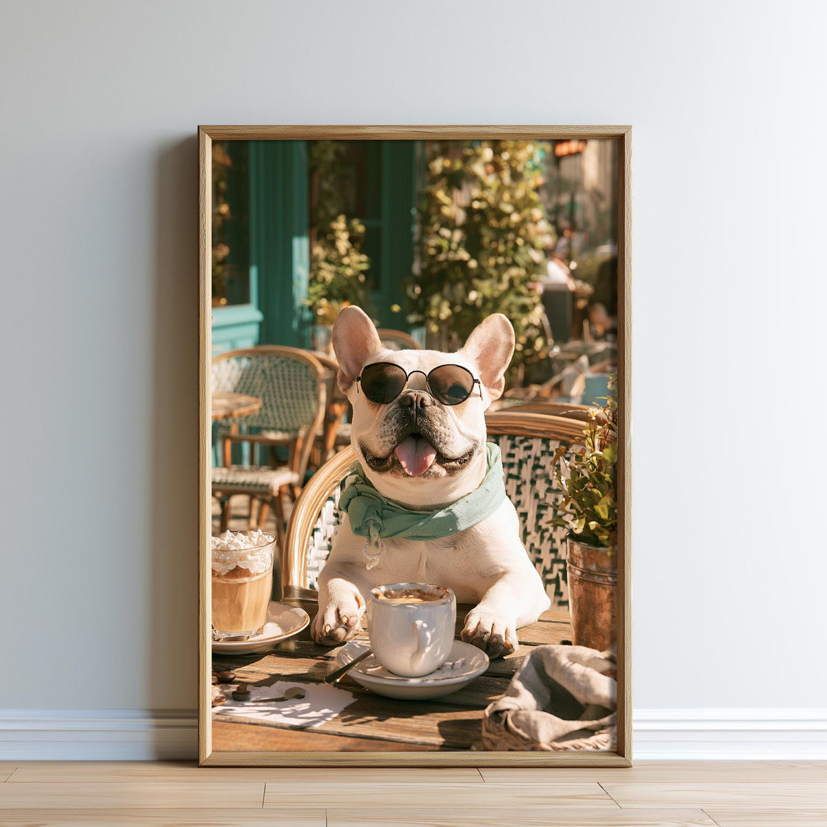 A French Bulldog wearing sunglasses is sitting at a table in a cafe, with a cup of coffee and a pastry in front of it.