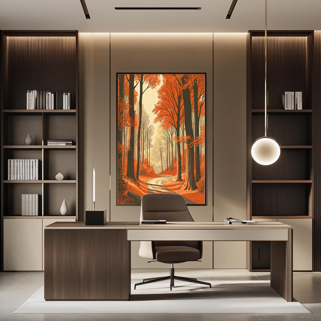 a modern office space with a large painting of a forest scene hanging on the wall. The office features a wooden desk, a comfortable chair, and a bookshelf filled with books. The overall design and decor create a serene and inviting atmosphere.