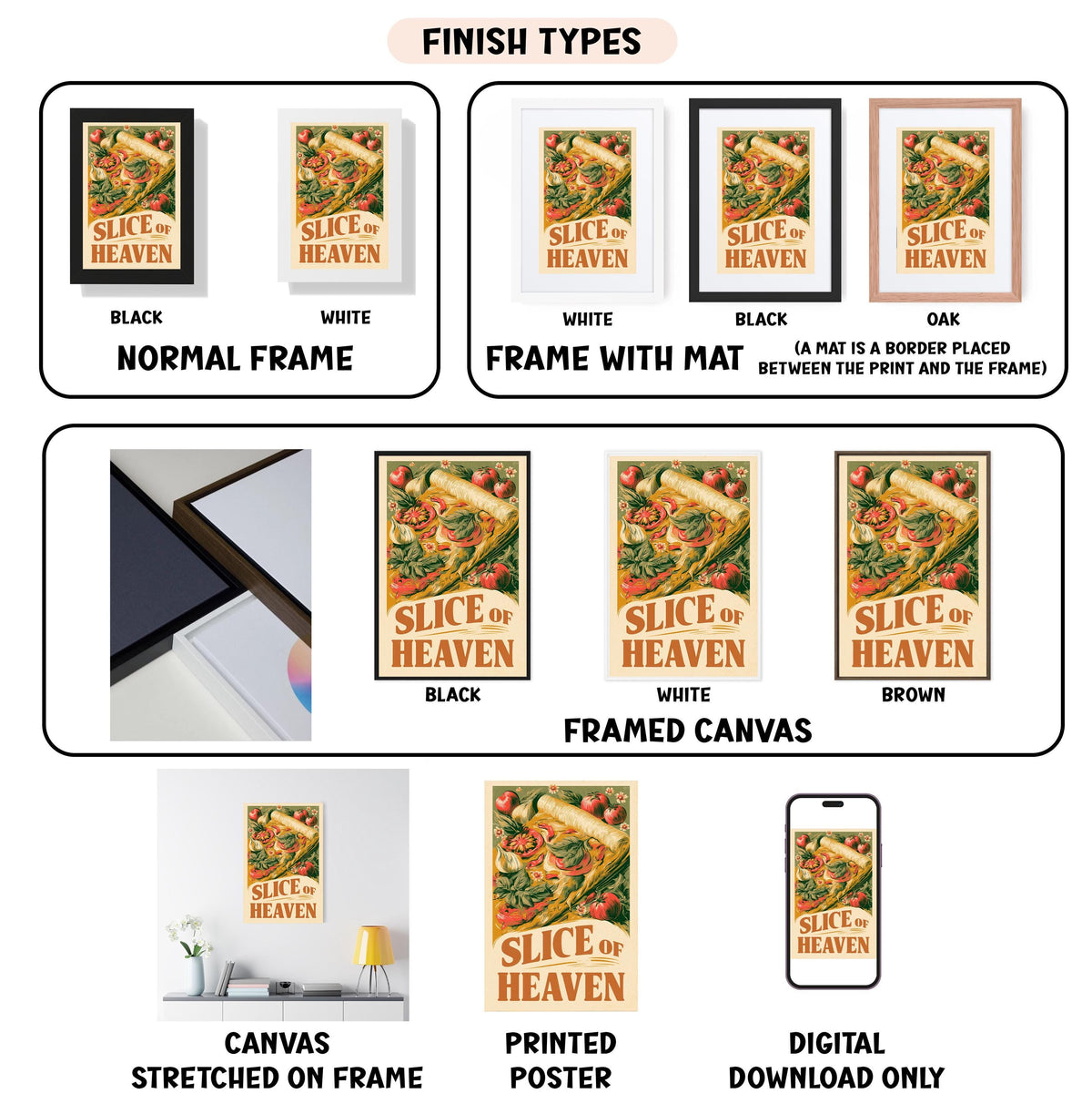 various images of framed prints or canvas prints of the same image, labeled with different finish types such as black, white, and framed canvas.