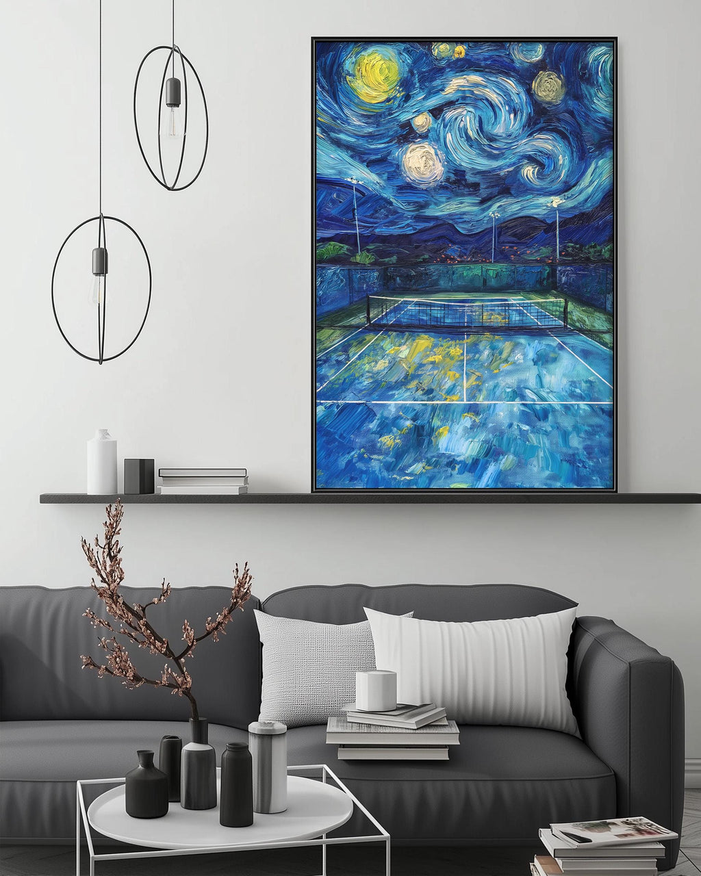a large, vibrant painting of a tennis court with a starry night sky above it, hanging on a wall above a gray couch with white pillows.