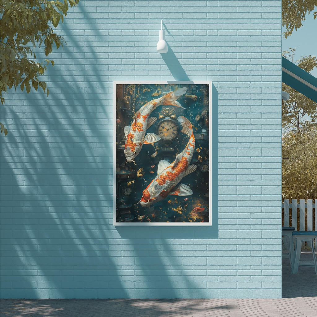 a large painting of two koi fish swimming in a pond, with a clock in the background. The painting is mounted on a blue brick wall, and there is a white light fixture above it.
