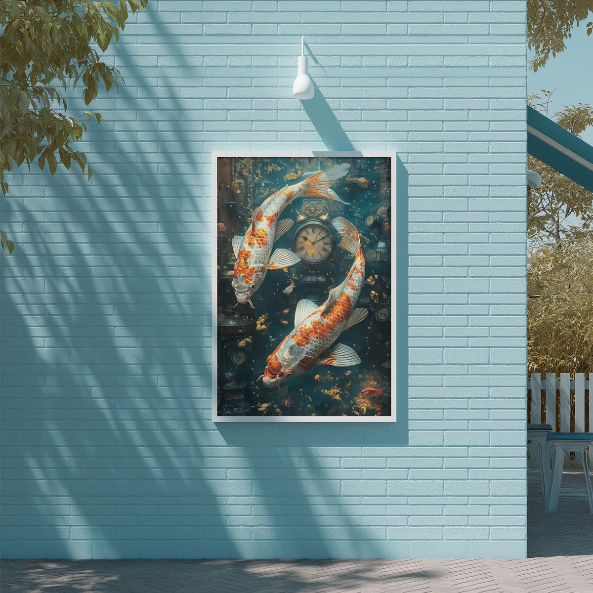a large painting of two koi fish swimming in a pond, with a clock in the background. The painting is mounted on a blue brick wall, and there is a white light fixture above it.