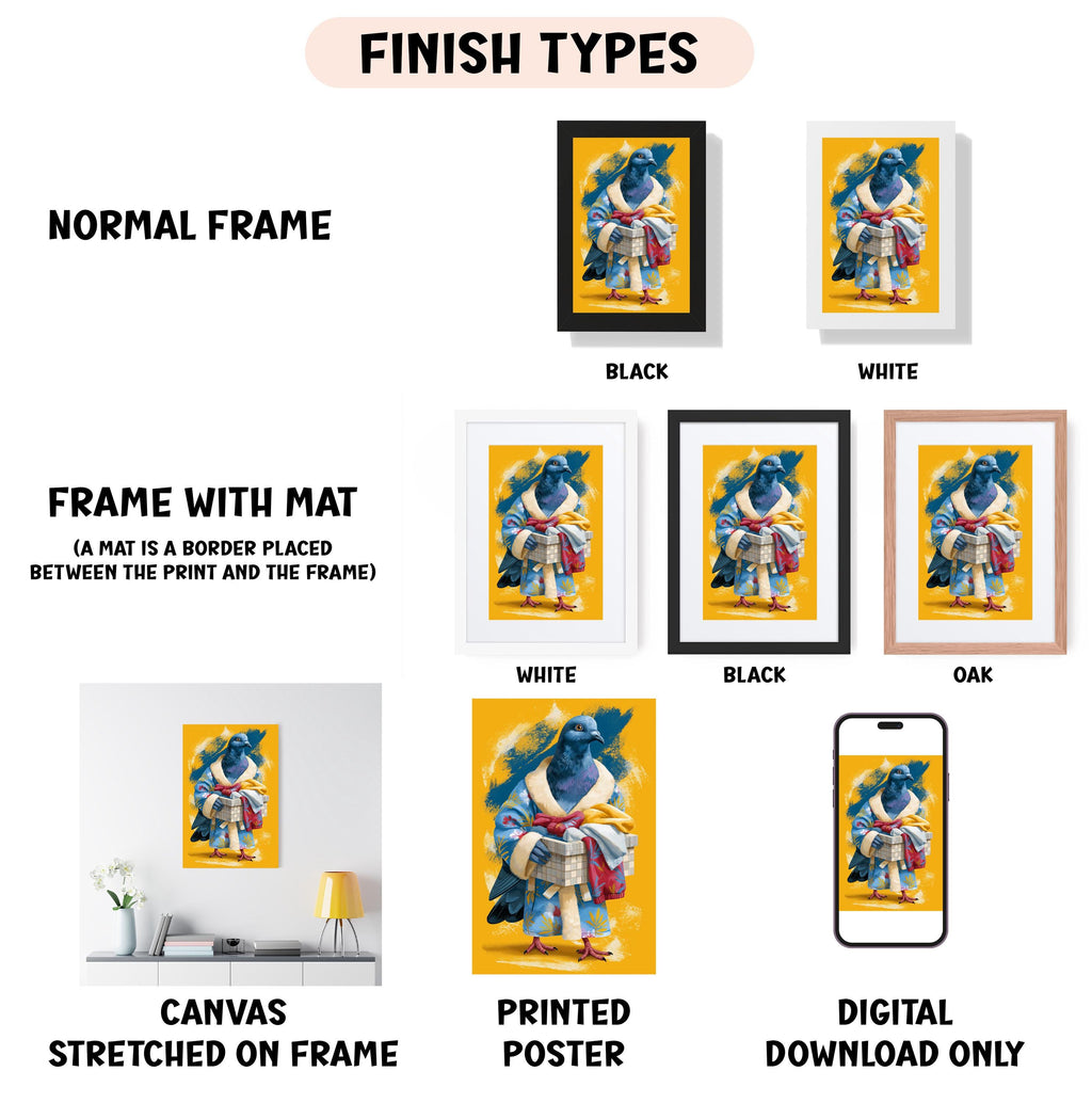 various types of artwork, including a framed print, a canvas stretched on a frame, a printed poster, and a digital download. The artwork is presented in different frame colors and styles, such as a normal frame, a black frame, a white frame, and an oak frame. The artwork is displayed in different settings, such as a wall, a shelf, and a table. The image also includes text that provides information about the artwork, such as the finish types and the materials used.