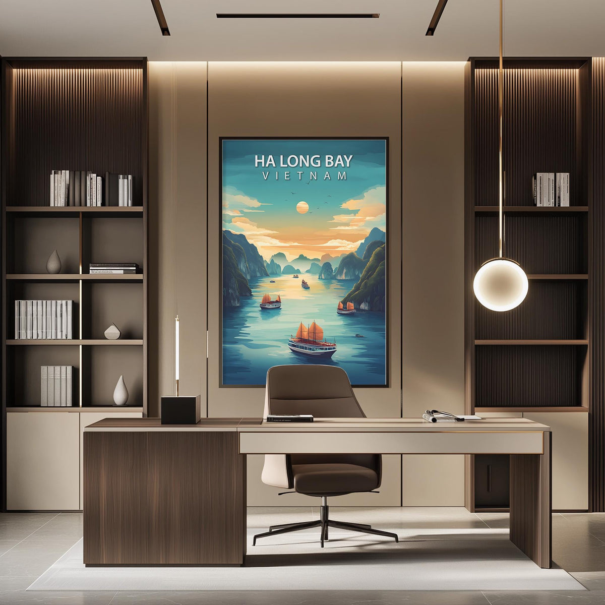 a modern office space with a large framed poster of Ha Long Bay in Vietnam hanging on the wall. The poster depicts a serene landscape with boats on the water and mountains in the background. The office has a wooden desk and chair, and there are bookshelves on either side of the poster. A pendant light hangs above the desk, providing illumination for the workspace.