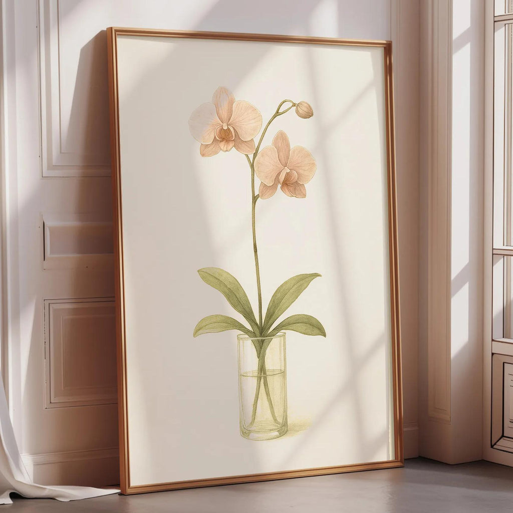 A framed painting of an orchid plant in a vase is displayed on a wall in a room with a window.