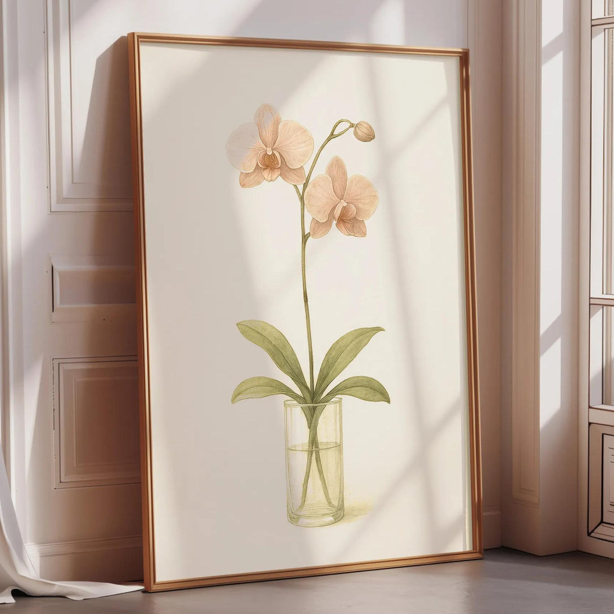 A framed painting of an orchid plant in a vase is displayed on a wall in a room with a window.