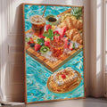 A framed print depicting a vibrant assortment of food and drinks, including a variety of fruits, pastries, and beverages, set against a blue and green abstract background.