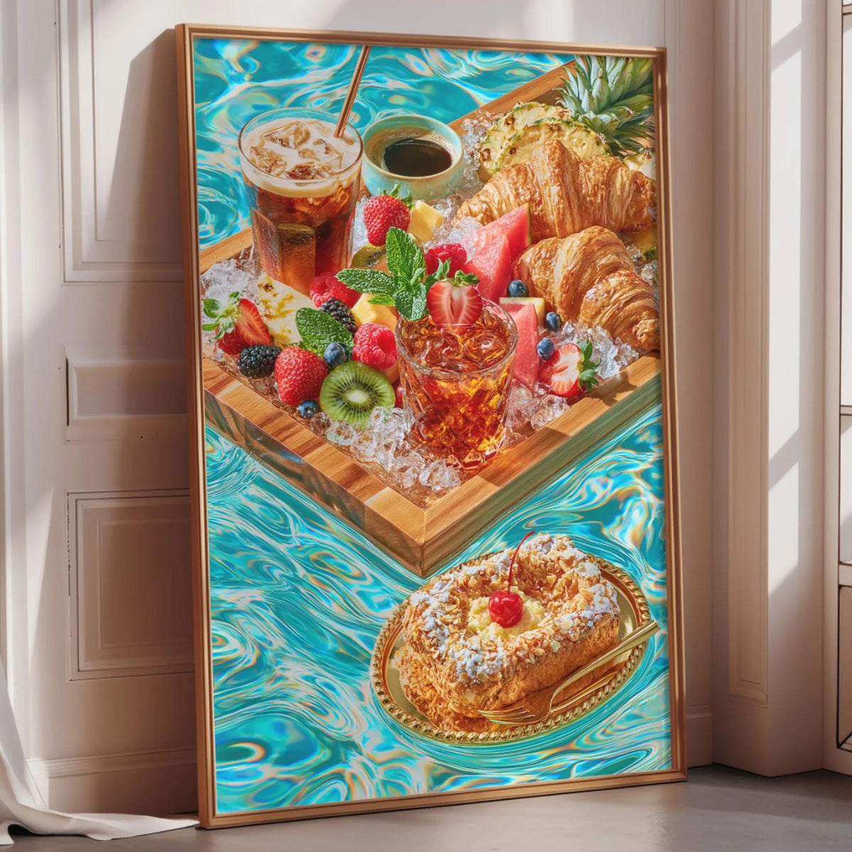 A framed print depicting a vibrant assortment of food and drinks, including a variety of fruits, pastries, and beverages, set against a blue and green abstract background.