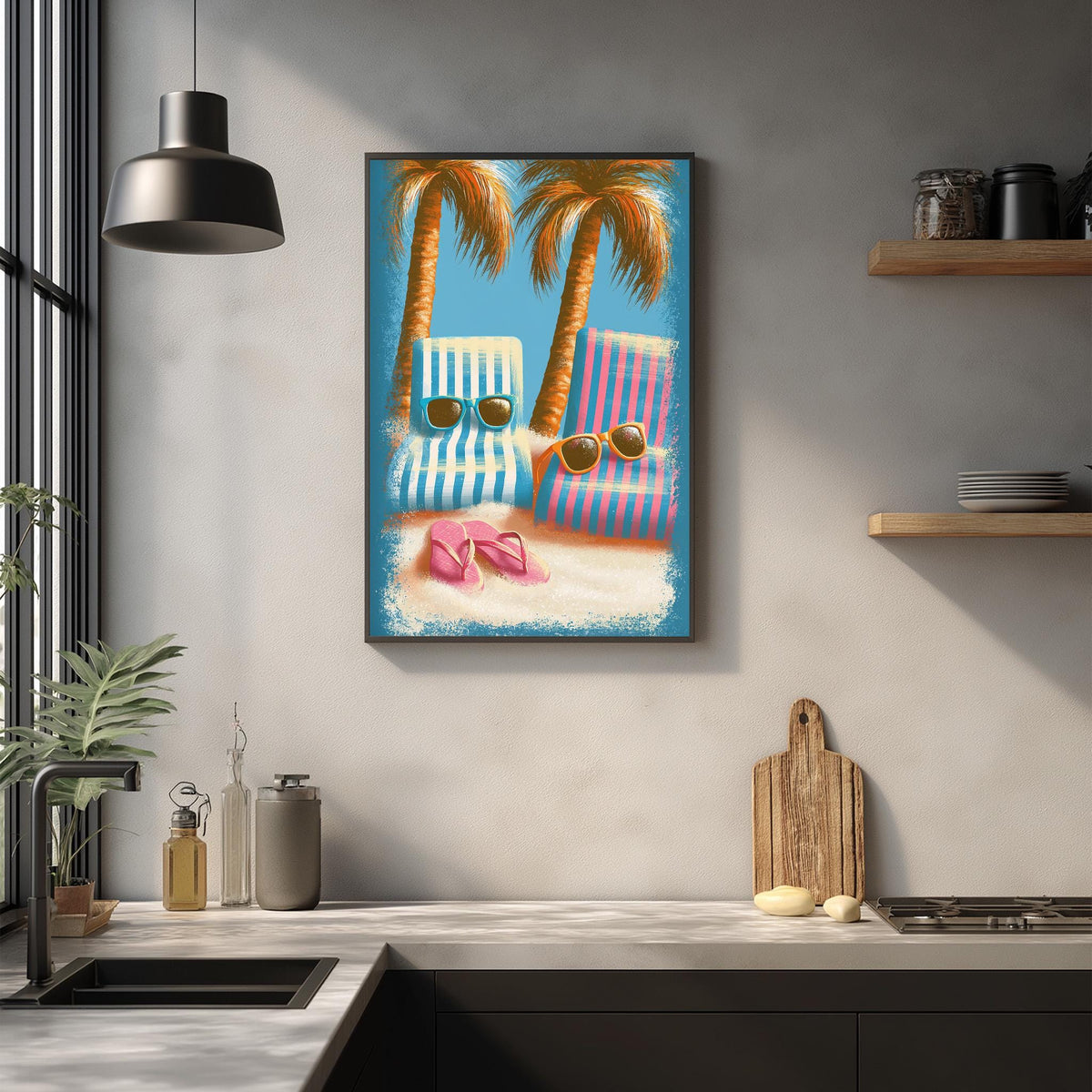 a framed painting of two beach chairs with sunglasses on a wall in a kitchen.