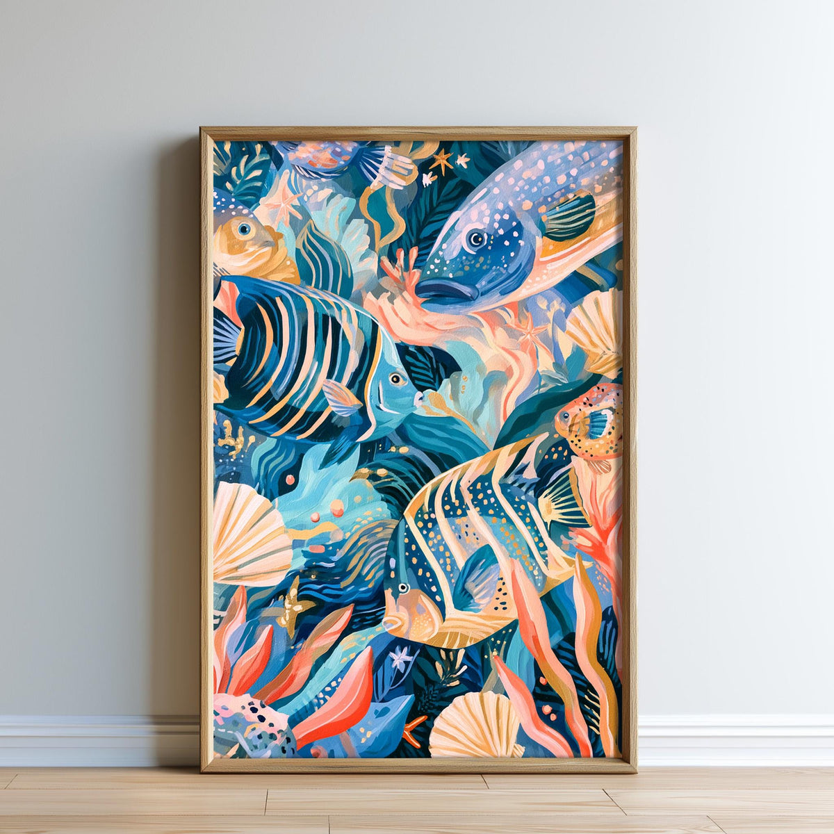 The image is a vibrant and colorful painting of a lively underwater scene, featuring a variety of fish, coral, and other marine life.