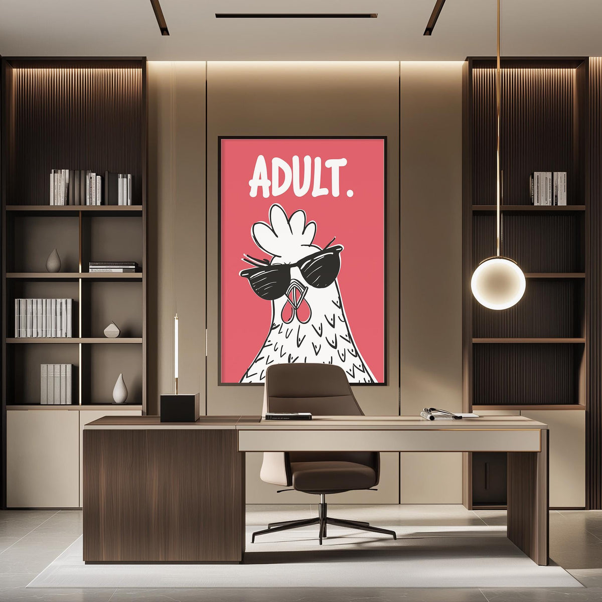 a modern office space with a large framed poster of a chicken wearing sunglasses on the wall. The office has a wooden desk, a chair, and a bookshelf filled with books.