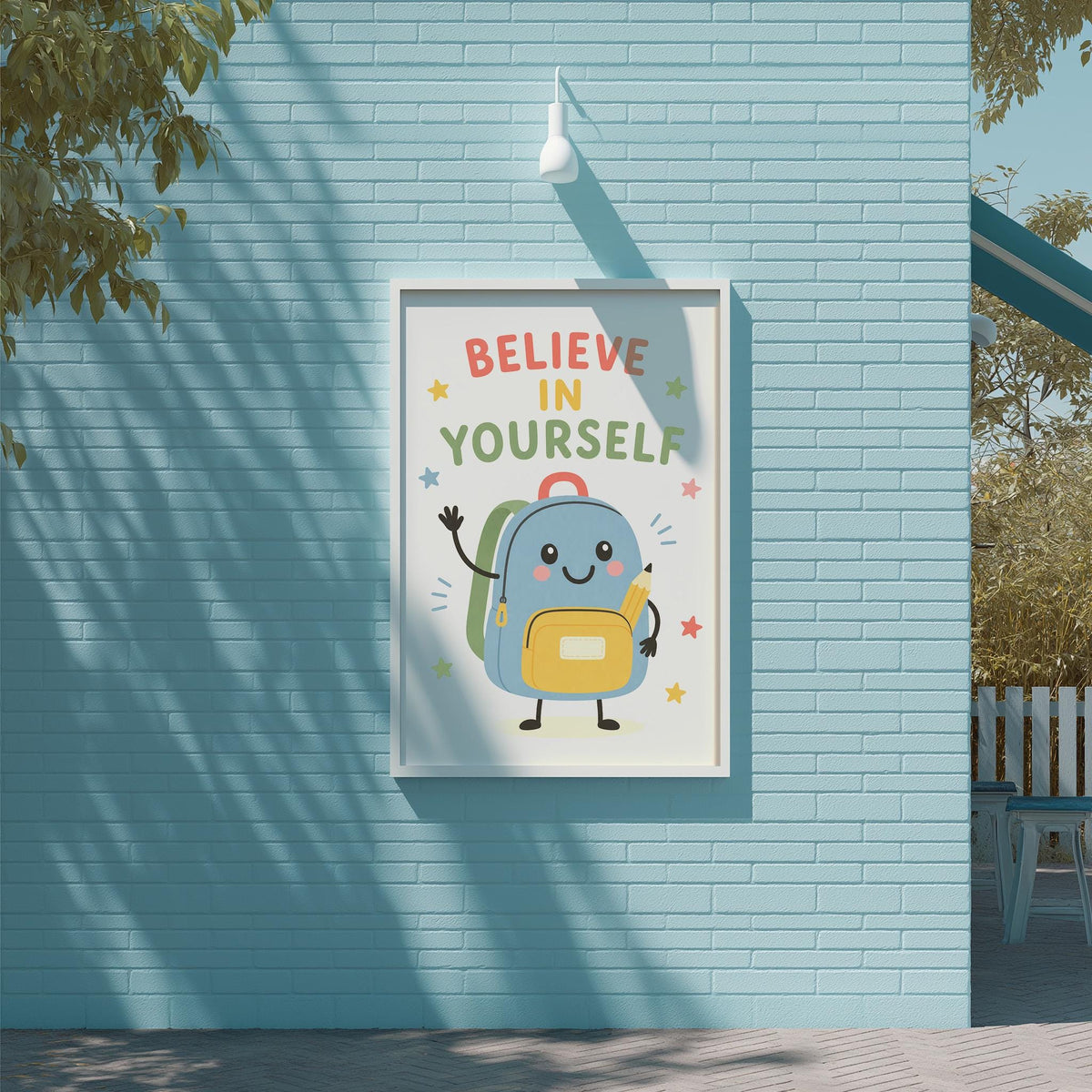A poster with a cartoon backpack and the text "Believe in yourself" is displayed on a blue brick wall.