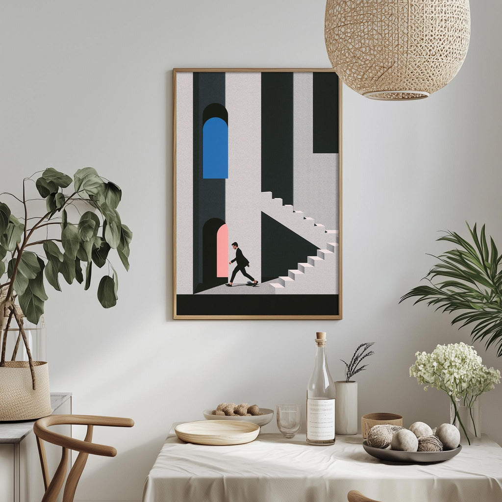 a minimalist dining room with a table set for two, a potted plant, a hanging light fixture, and a framed artwork depicting a person walking up a staircase.