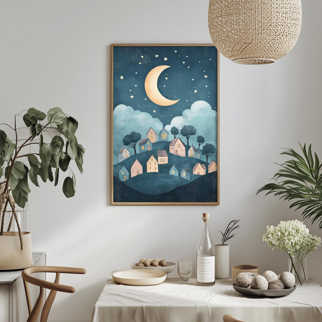 a cozy and inviting dining area with a framed illustration of a village at night, a crescent moon, and stars above. The dining table is set with various items, including a bottle, a bowl, and a vase with flowers. The room is decorated with potted plants and a hanging light fixture, creating a warm and welcoming atmosphere.